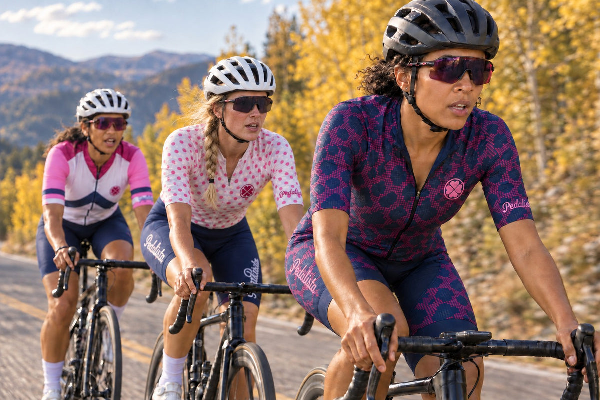 Three women on a group ride through golden aspens in Pedalista cycling kits