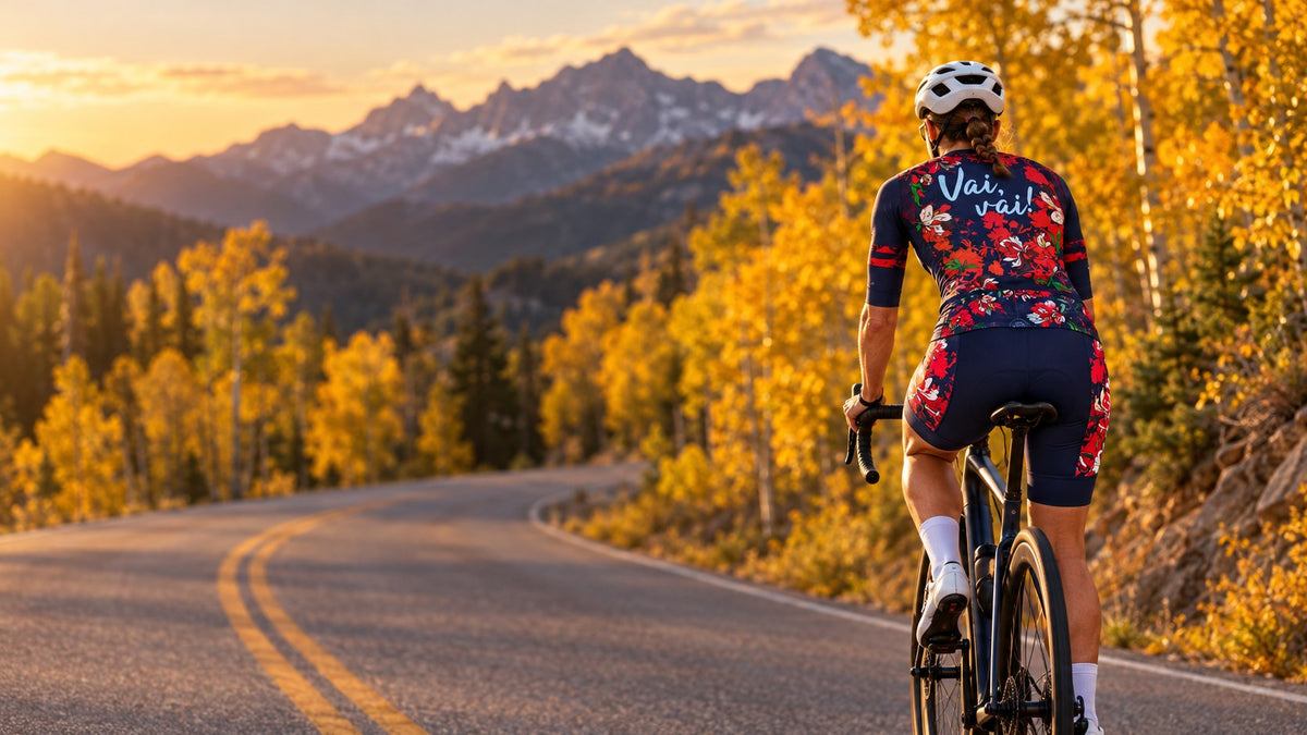 Woman riding a road bike through golden aspens in the Fiore Rosso floral cycling kit
