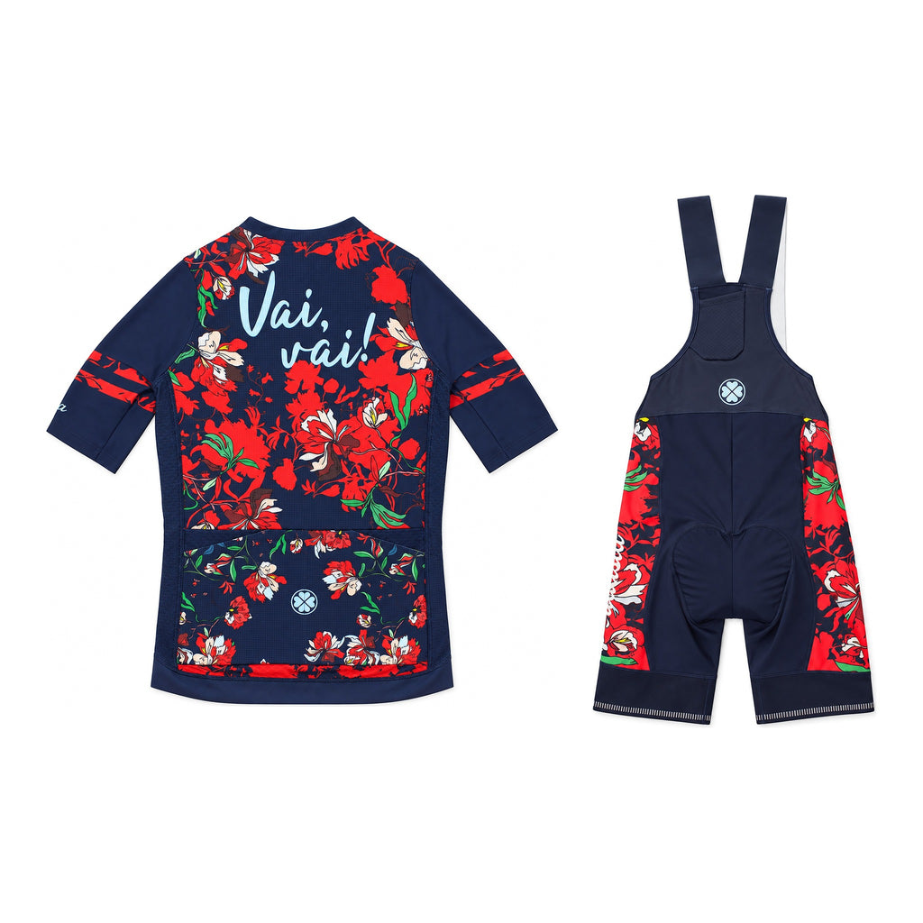Fiore Rosso kit: jersey and bib shorts, flat-lay back