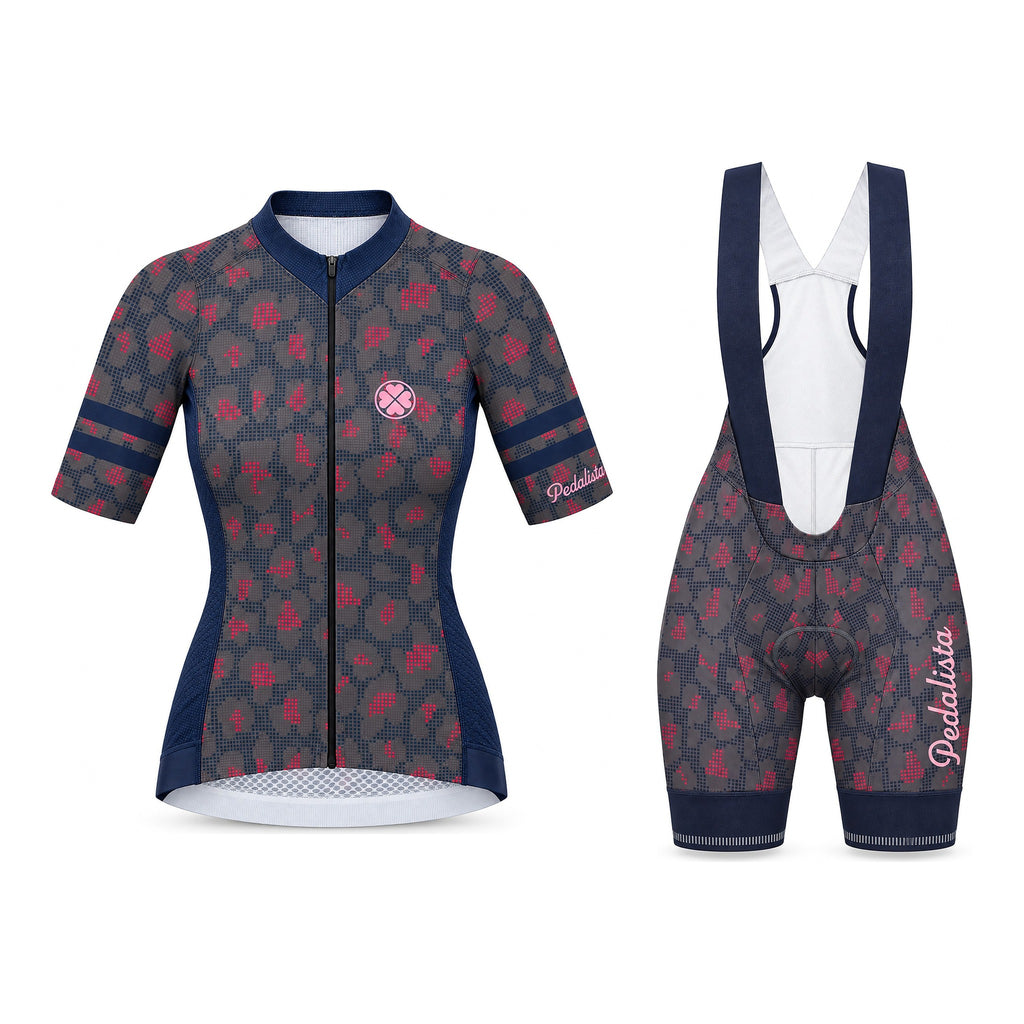 Gray Kittie kit: jersey and bib shorts, front view