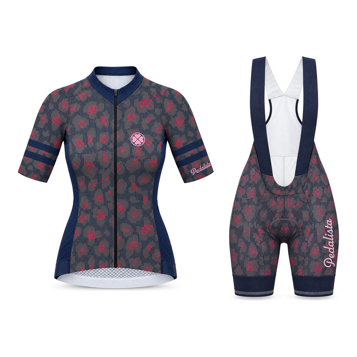 Gray Kittie kit: jersey and bib shorts, front view