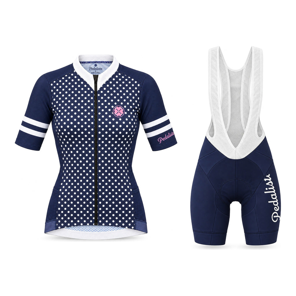 The Jackie kit: jersey and navy bib shorts, front view