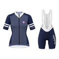 The Jackie kit: jersey and navy bib shorts, front view