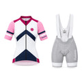 Pink Attack kit: jersey and silver bib shorts, front view