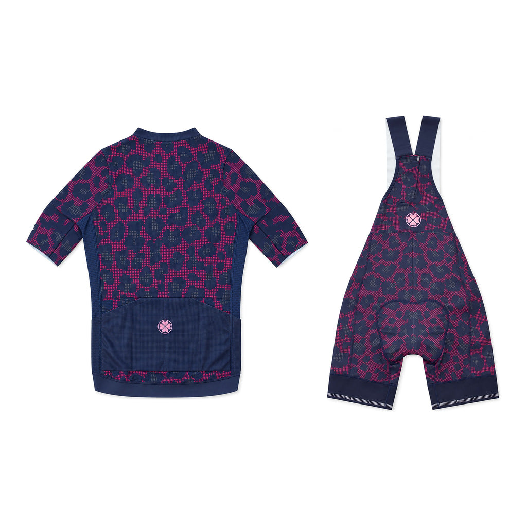 Purple Kittie kit: jersey and bib shorts, flat-lay back
