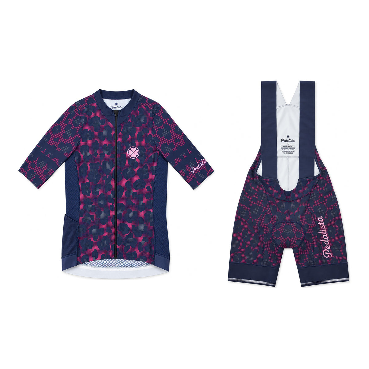 Purple Kittie kit: jersey and bib shorts, flat-lay front