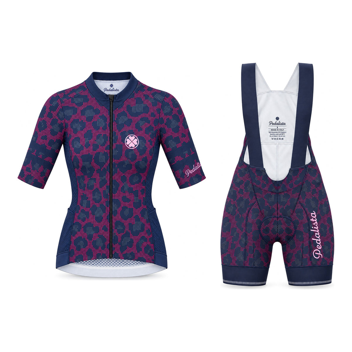 Purple Kittie kit: jersey and bib shorts, front view