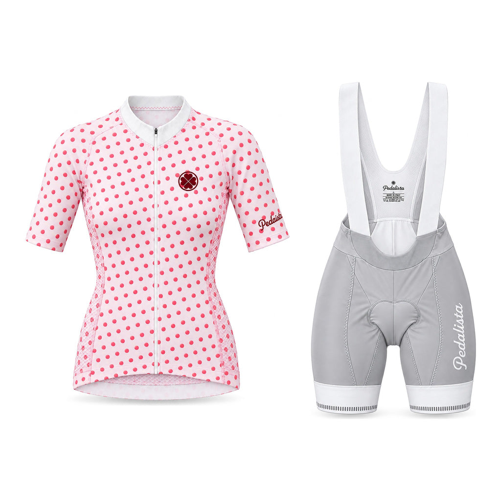 Queen of the Mountain kit: jersey and silver bib shorts, front view