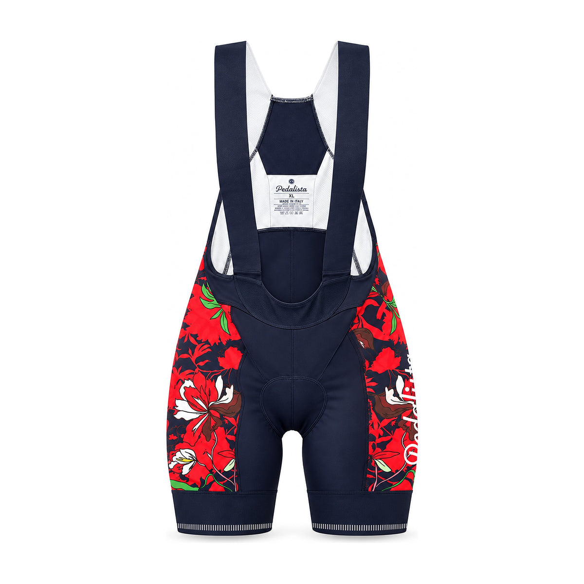 Women's Fiore Rosso bib shorts by Pedalista, front view
