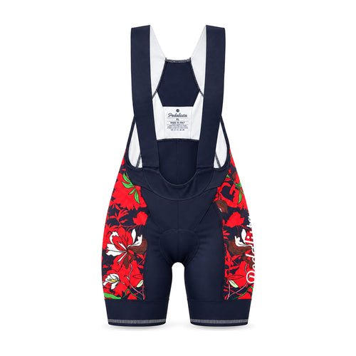 Women's Fiore Rosso bib shorts by Pedalista, front view
