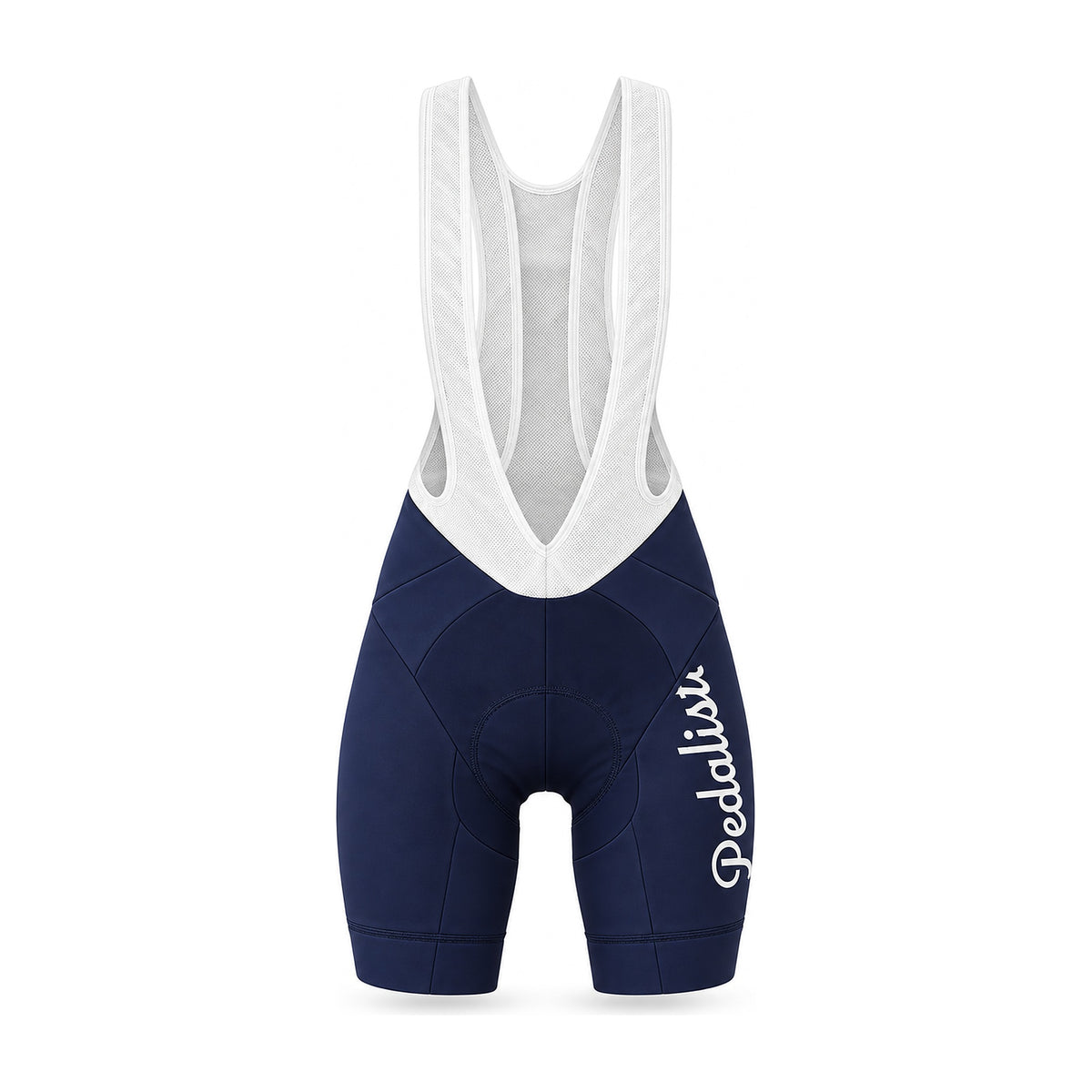 Women's navy bib shorts by Pedalista, front view