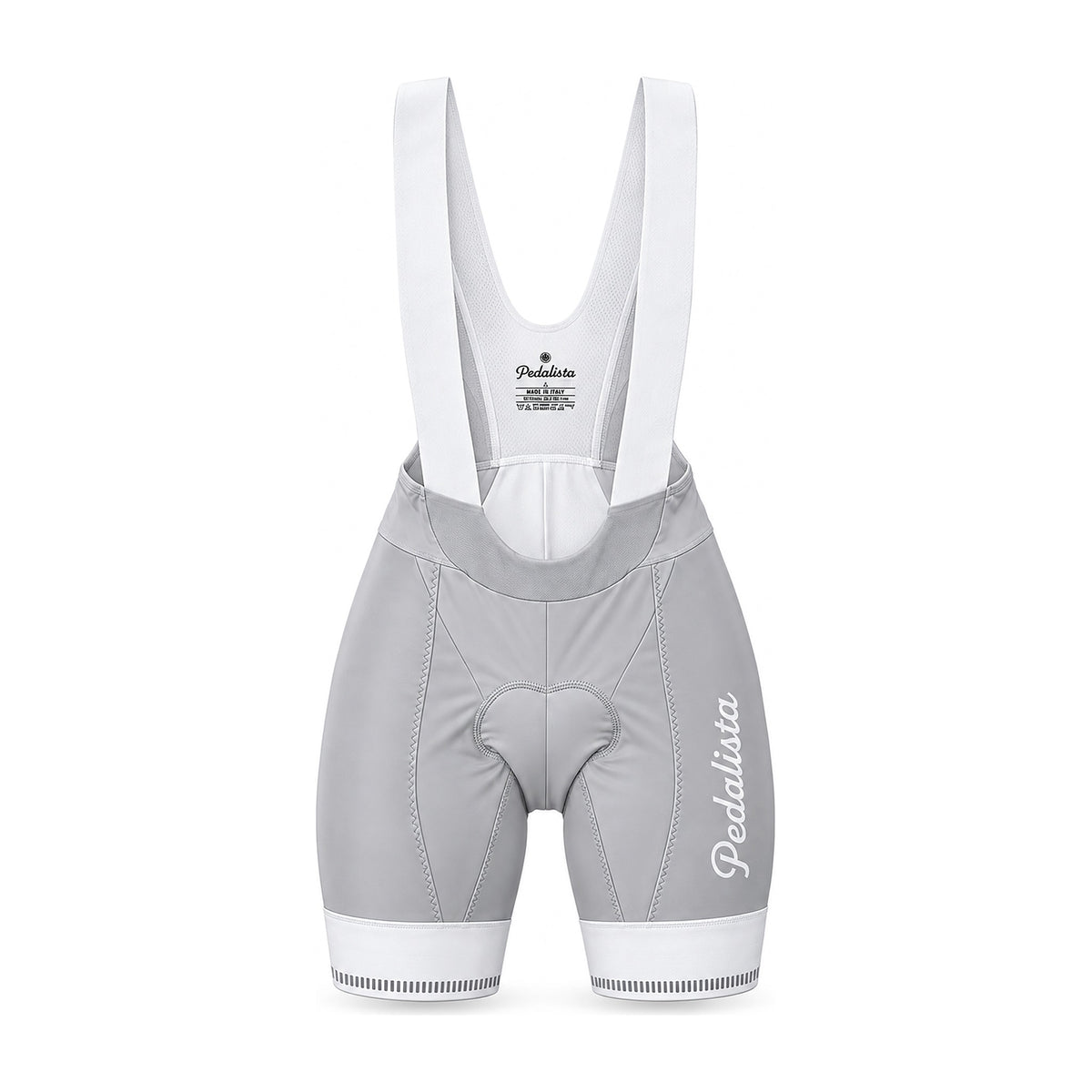 Women's silver bib shorts by Pedalista, front view