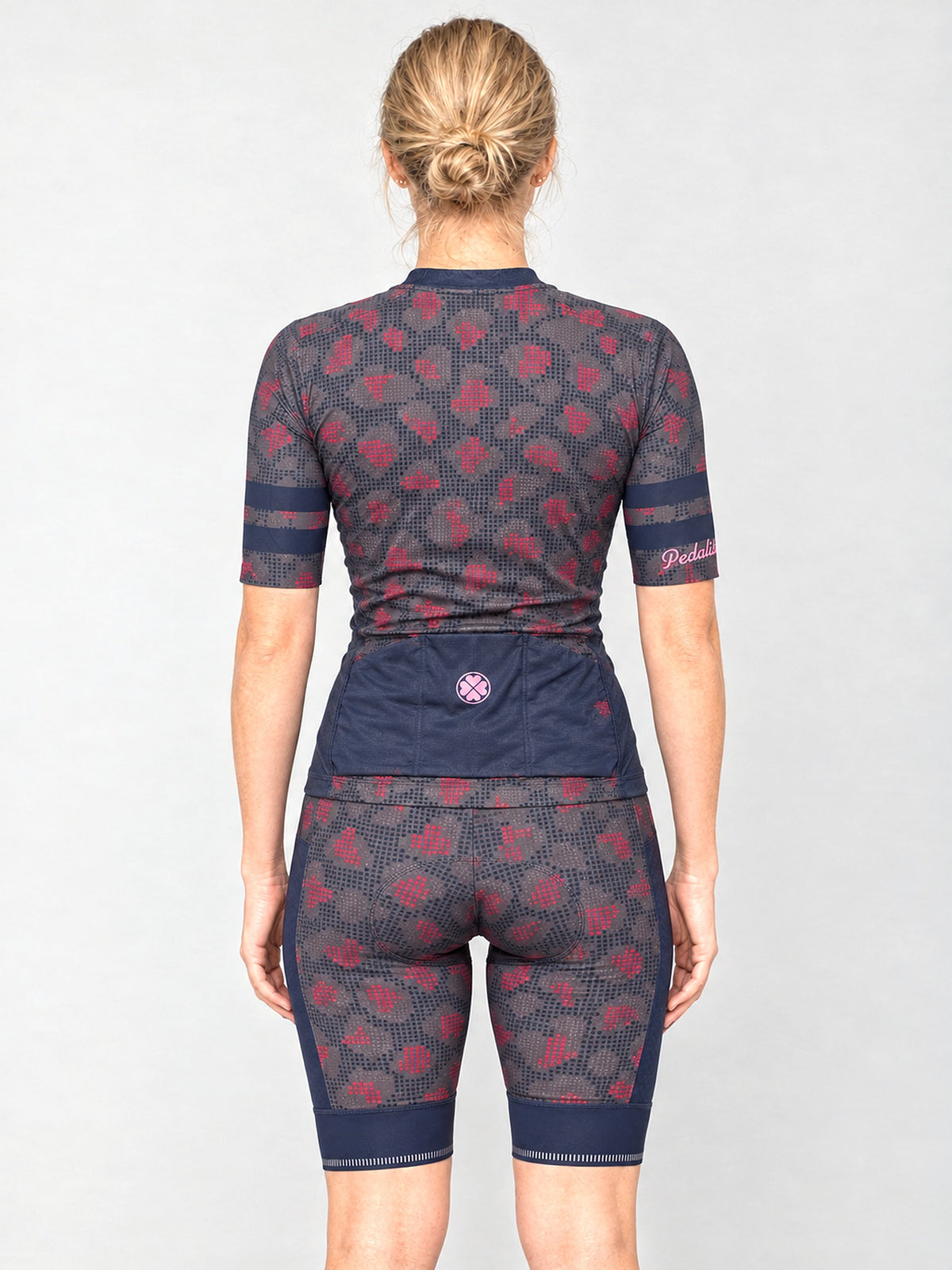 Model wearing the gray Kittie kit, back view